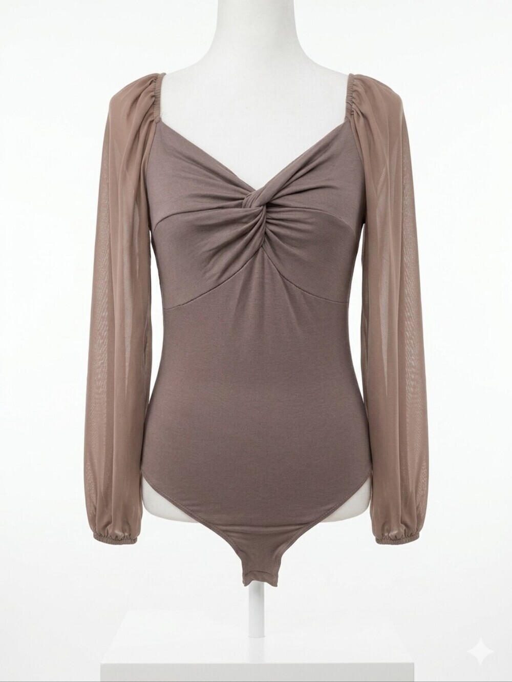 Peach Love California Taupe Twist-Front Long Sleeve Bodysuit Small.